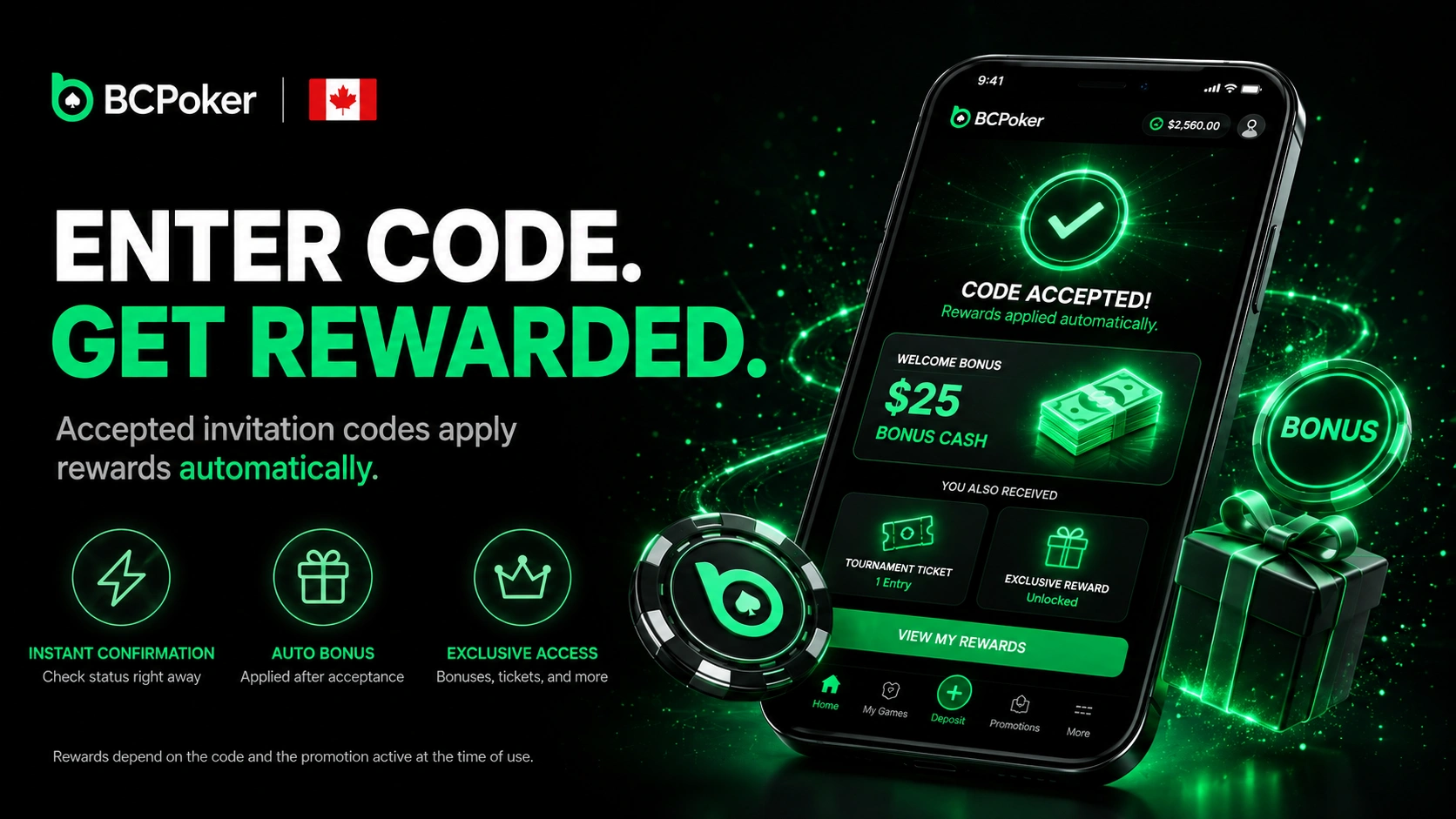 BC Poker invitation code bonus activation in Canada